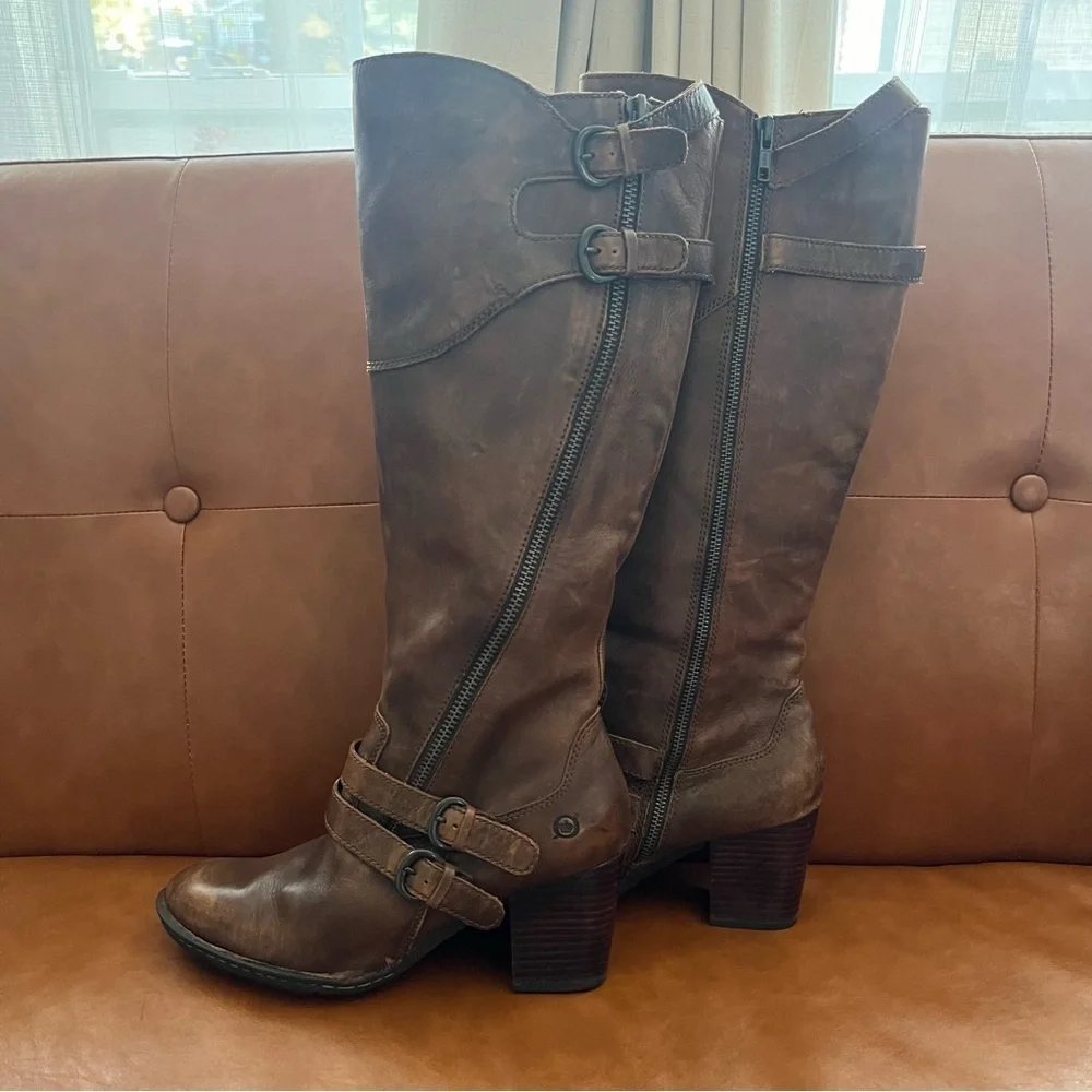 Born Milari 9.5 41 Leather Brown Equestrian Buckle Zip Boots Riding Knee High - Picture 12 of 13